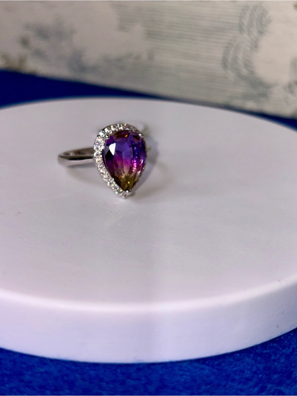 White Gold Plated Pear Ametrine Halo Ring Size 9 Purple Yellow Statement